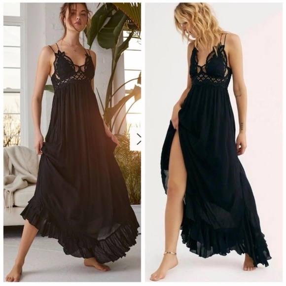 Free People Dresses & Skirts - Free people Adella black lace ruffle maxi dress boho dark romantic renaissance